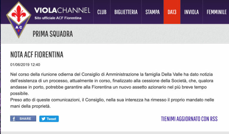 Fiorentina, al via le trattative per la cessione della società