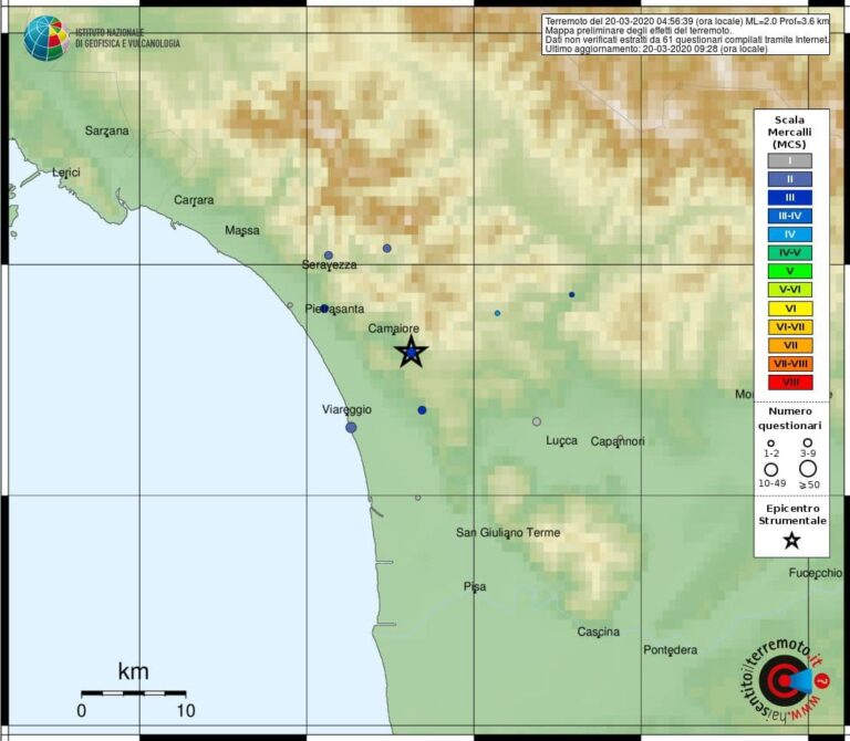 Terremoto in Toscana, lieve scossa nella notte a Camaiore