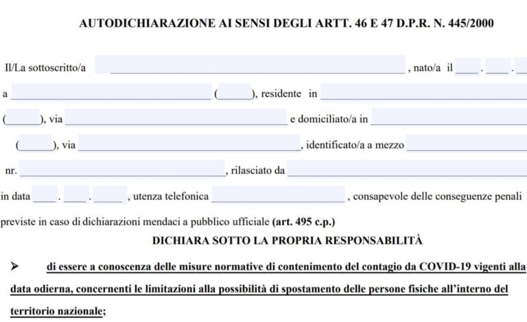 Modulo di autocertificazione per il coprifuoco (pdf): la nuova versione
