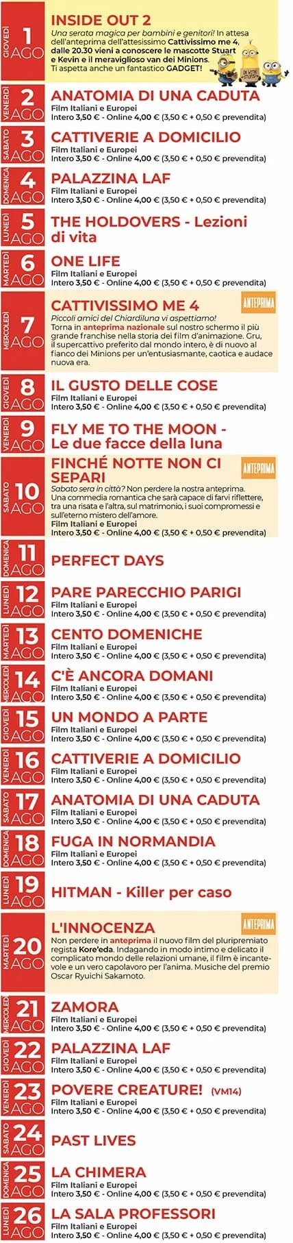 Programma cinema Chiardiluna Firenze agosto 2024